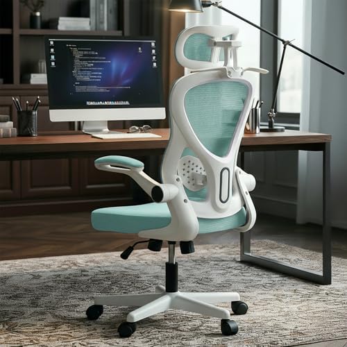 Image of DROGO Ergonomic Office Chair for Work from Home with Breathable Mesh, Flip-up Armrest, Adjustable 3D Headrest & Lumbar Support | Computer Chair for Study | Gaming Chair with 130 Recline (White /Green)