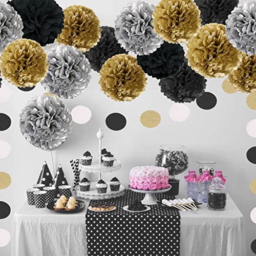 Image of XIKSXITN 12 pc Black Gold Gradient Tissue Paper Pompoms-Hanging Gold Dot White Paper Pom Poms Paper Flowers Ball for Party Decorative(8&10&12 inch)
