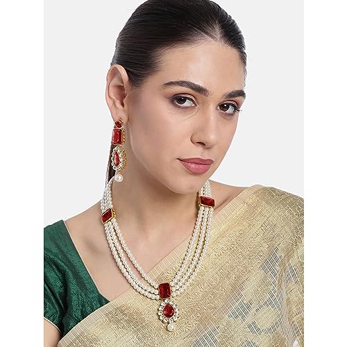 Image of Peora Crystal Faux Pearl Kundan Necklace & Jewellery Set Gift for Women