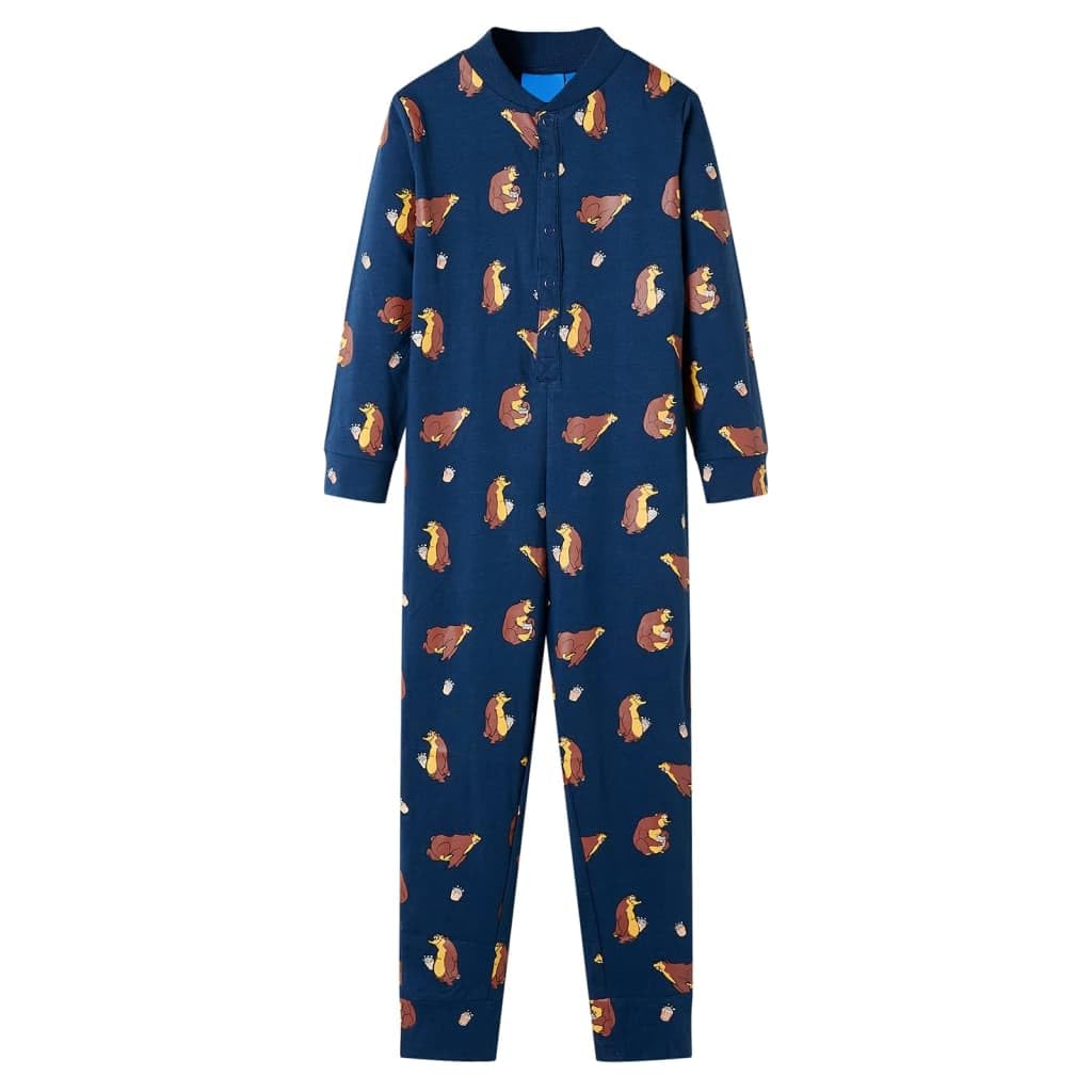 Kinder-Schlafanzug Einteiler Jeansblau 104 aus 100% Baumwolle mit Bären Popcorn Aufdruck, lange Ärmel, Druckknöpfe, atmungsaktiv, bequem für Jungen Mädchen Kleinkind Alltag