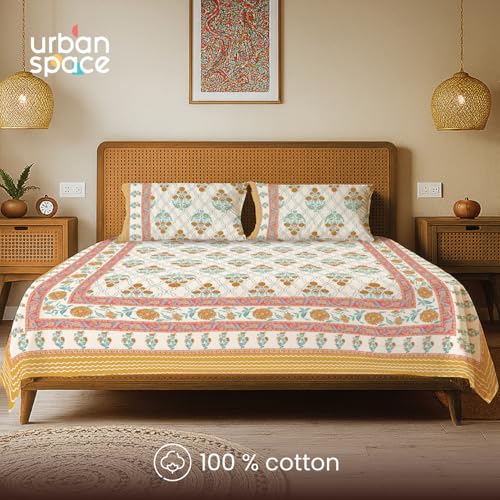 Image of Urban Space 100% Cotton Handcrafted Premium Printed Double Size Bedsheet with 2 Pillow Covers, 240 TC Cotton Double Bedsheet (90 x 100 Inches, Amberjaal Yellow)