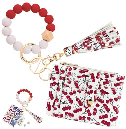 Image of KNGITRYI Wristlet Wallet for Women,RFID Keychain Wallet with Beaded Strap | 8 Card Slots,ID Window,Zipper Pocket,Leather Tassel,Compact Design