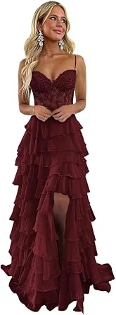 Lace Appliques Prom Dresses Long for Women Spaghetti Straps Chiffon Tierd Formal Evenig Dress with Slit