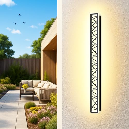 Applique Murale Extérieur/Intérieur LED Applique Longue Étanche IP65 Éclairage Mural D'Extérieur Noir 28W Design Géométrique Lumière Chaude 3000K Pour Terrasse Jardin Villa Porche Garage, L120cm