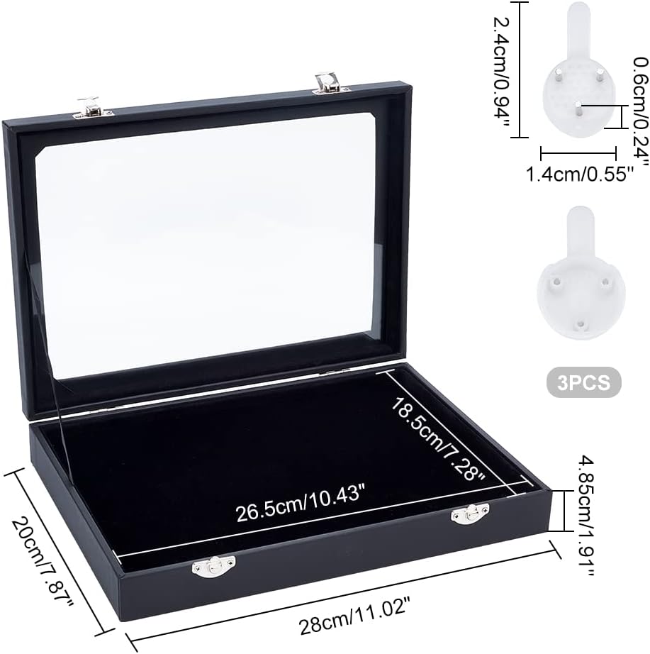 NBEADS Black Velvet Pin Display Case, 11x7.8x1.9 Inch Wall Hanging Brooch Jewelry Storage Case Wooden Presentation Boxes with Glass Window and Hangers for Coin Medals Pins Badges Display and Storage