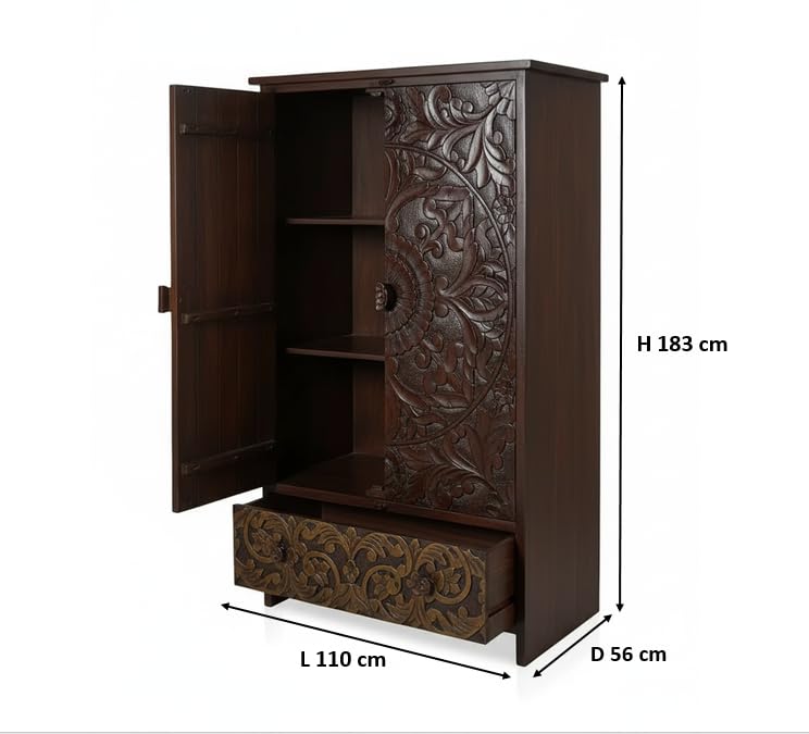 Image of APRODZ Wooden Wardrobe for Bedroom | Scolpito 2 Door Mango Wood Wardrobe with 1 Drawer | Space Saving Wardrobe for Storage, Clothes Cupboard & Wooden Almirah for Bedroom,(Mahogany + Green Brown Finish