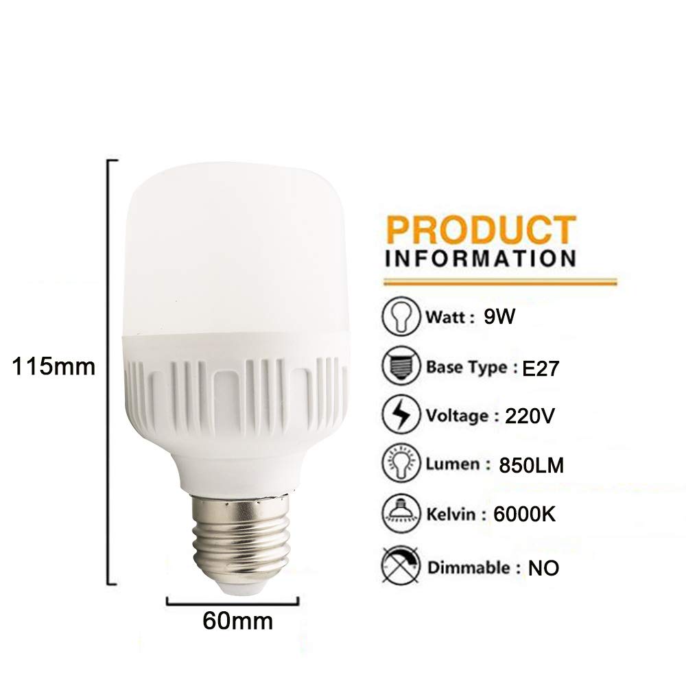 Bombilla LED E27 9W, Bombilla de Estilo Retro, Equivalente a 60W, 6000K, Luz diurna, Luz Blanca Fría, No Regulable, Paquete de 20