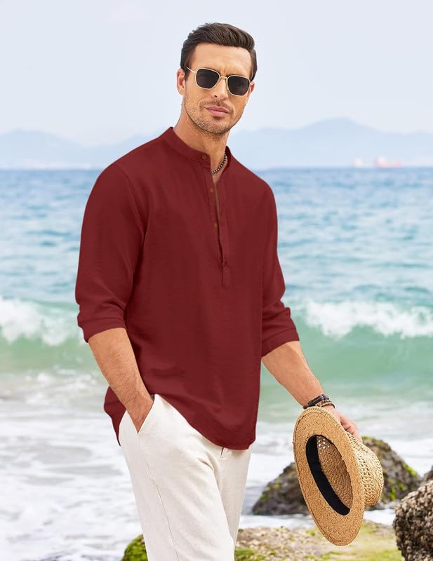 Image of Macsivo Men's Cotton Blend Henley Short Kurta with Mandarin Collar Long Sleeeve Button Closure Curved Hem Regular Fit | Kurta for Men Stylish