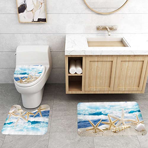 3-teilig Badematten Set, 3D Digitaldruck Strand Kreatur Badteppich Sets rutschfest Badvorleger Blau Waschbar U-Förmiger…