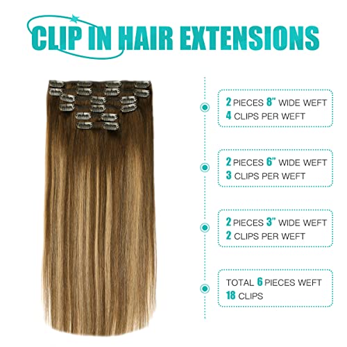 SURNEL Hair Extensions Clip in Real Human Hair Dark Brown Balayage Caramel Blonde Highlights Brown Human Hair Extensions Full Head 6pcs 14inch 100g (C#/4/27/4,14'') - Image 3