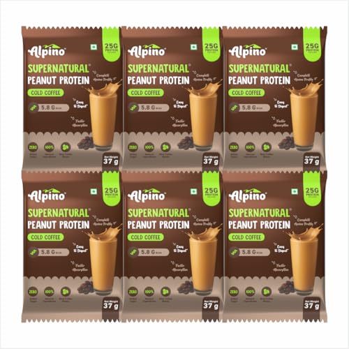 Image of Alpino Supernatural Peanut Protein Powder Cold Coffee 222g (37g x Pack of 6) - 25g Plant Based Protein, 5.8g BCAAs, Real Coffee Beans, Vegan