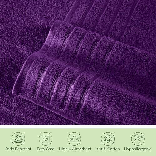 Image of Elegant Comfort 100% Turkish Cotton 4 Lines Viscose Stripe Luxury 4 Pack Hand Towel Set - Ultra Absorbent and Soft 16 x 28 Inch Premium Hotel Spa Quality Towels for Everyday Bath Use, Purple