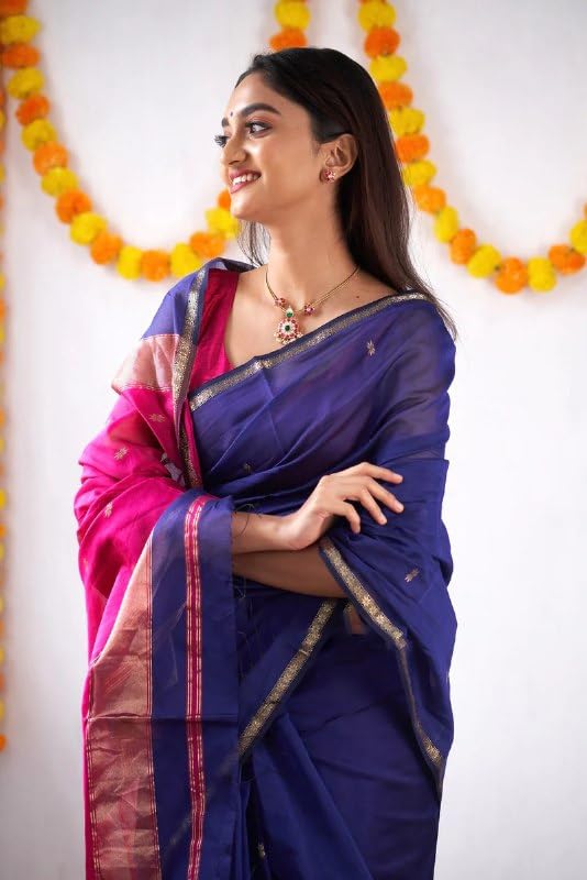 Image of Flosive Banarasi Look Chanderi Silk Saree for Women | Blue-Pink Contrast Designer Saree | Ethnic Drape with Golden Zari Work and Small Buttis