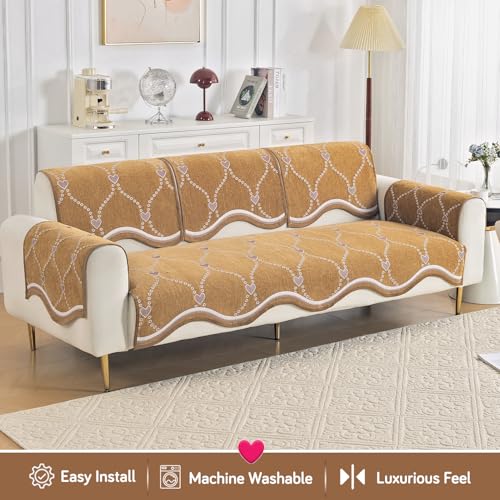 Image of HOKIPO Complete (Seat+Back+Arm) Sofa Mat Set for 3 Seater Sofa |Premium Chenille Sofa Covers with Curve Edges, 'Serene Curves Series' - Love Trails (IN-997+1002+1001 * 2 - D2)