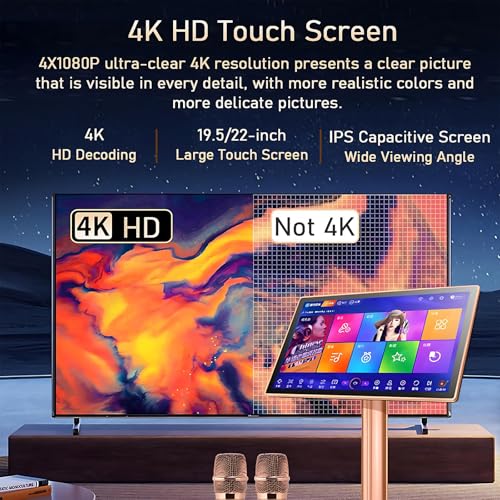 Odtwarzacz karaoke z ekranem dotykowym z 2 mikrofonami, rozdzielczość HD 1080p, wybór utworów z ekranem dotykowym, 26 opcji językowych na imprezy i pikniki