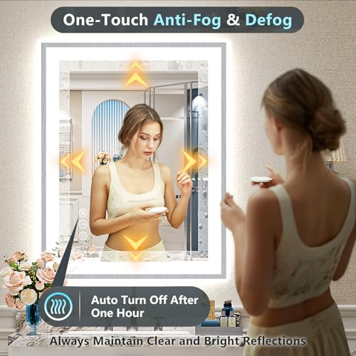 Image of 24x32 Brushed Nickel LED Bathroom Mirror with Lights, Backlit & Front-Lit, Anti-Fog, Framed Lighted Vanity Mirrors for Bathroom Wall, Dimmable, 3 Colors, Memory, Shatter-Proof, Tempered Glass