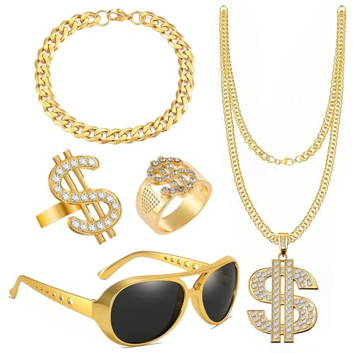 Piaeny 5 Pièces Déguisement Rappeur Homme, Accessoire Année 80 90 Hip Hop, 2 Bagues Signe Dollar, Collier en Or, Bracelet et Lunettes de Soleil pour Carnaval Fête à...