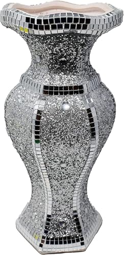 Crushed Diamond Sparkle Vase, 30cm, Silver Ceramic Floral Sculpture, Glittering Mirrored Centrepiece
