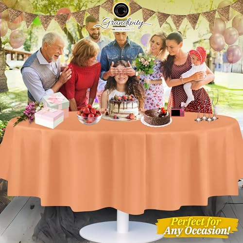 Image of Grandipity Peach 12 Pack Premium Disposable Plastic Tablecloth 84 inch Inch Decorative Round Table Cover | Plastic table covers, durable disposable tablecloths, fade and tear-resistent table cover for party, event