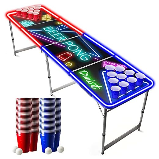 Officiell LED Light Beer Pong Full Set | 1 ljust ölpongbord + 120 koppar (60 blå & 60 röda) + 6 bollar | Komplett paket | Premiumkvalitet | Officiell tabell | Reptålig | Husfest | OriginalCup®
