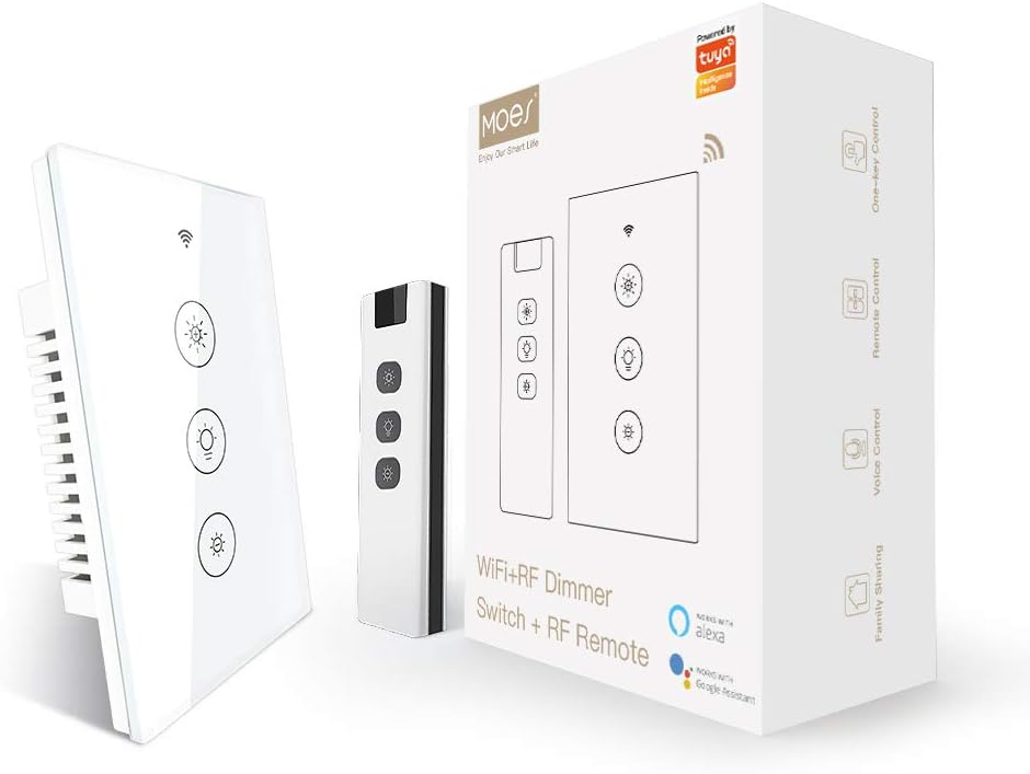 MOES WiFi Smart Light Dimmer Switch with RF433 Remote Controller, 3 Way Muilti-Control Association Smart Life/Tuya APP Relay Status Backlight Switch Off Works with Alexa Google Assistants,White Touch