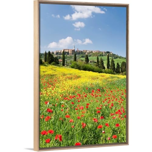 CANVAS ON DEMAND Hill Town Pienza and Field of Poppies, Tuscany, Italy Natural Wood Float Framed...
