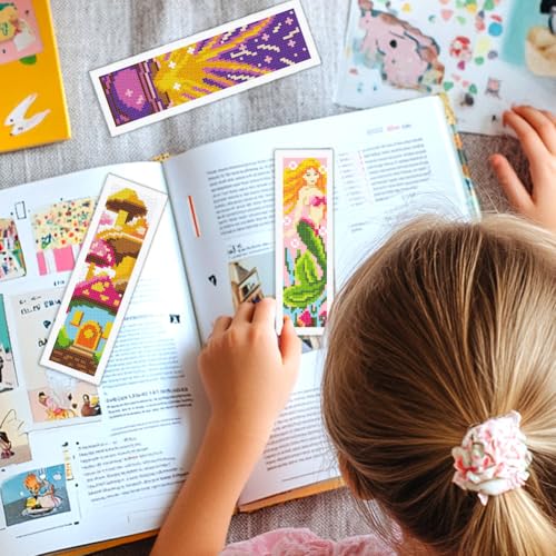 Image of INFUNLY 6 Set Fairytale Elements Cross Stitch Bookmark Kits 8 inchx2.4 inch DIY Mermaids Embroidery Bookmark Kits for Beginners with Instruction Cartoon Castle Bookmark Making Kit for Book Lovers Reader Gift