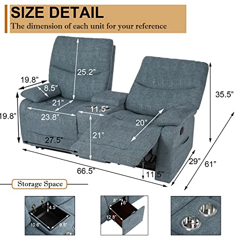 Baijiawei B Double Reclining Loveseat - Fabric Home Theater Seating With Console - 2 Seater Manual Reclining Couch For Living Room, Office (Fabric- Blue) #TOP1