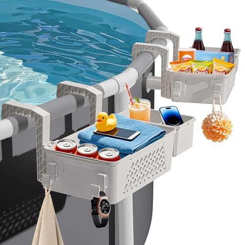 Poolside Storage Basket 2 Pack - Above Ground Pool Accessories Swimming Pool Storage Baskets with Cup Holders Fits 3 or Smaller Top Rails Versatile Organizer for Pool Toys Towels Beverages (Beige)