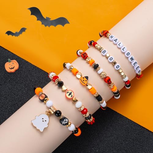 Joyline Halloween Bracelet for Women Men Boo Bat Skull Charm Beaded Stackable Stretch Bracelet Halloween Party Jewelry Gifts3