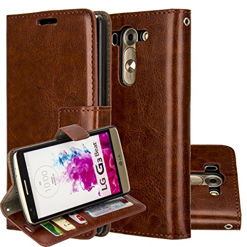 LG G3 Vigor Case,LG G3 Mini/ G3 Beat/ G3s Cover Aomax Card Holders Stand View PU Leather Flip Wallet Case for LG G3 Vigor/ G3 Beat/ G3s D725/ G3 Mini (R64 Brown)