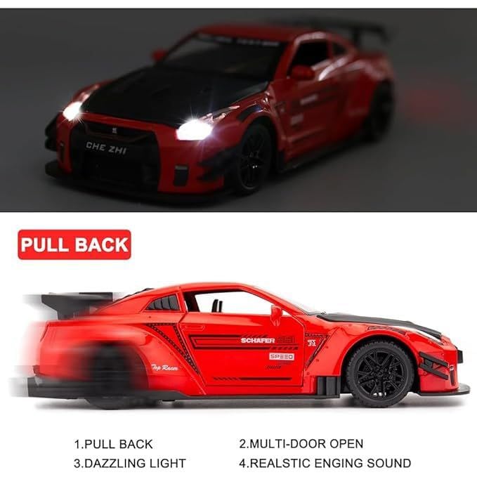 Image of 1:24 Scale Nissaan GTR Model Alloy Metal Pull Back Toy car for Kids with Openable Doors & Light, Music Toy Vehicle for Kids (1:24 Nissaan GTR (Red))