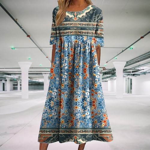 Boho Dress for Women Floral Print Short Sleeve Crewneck Plus Size High Waist Smocked Flowy Swing Ruffle Dress - Image 2