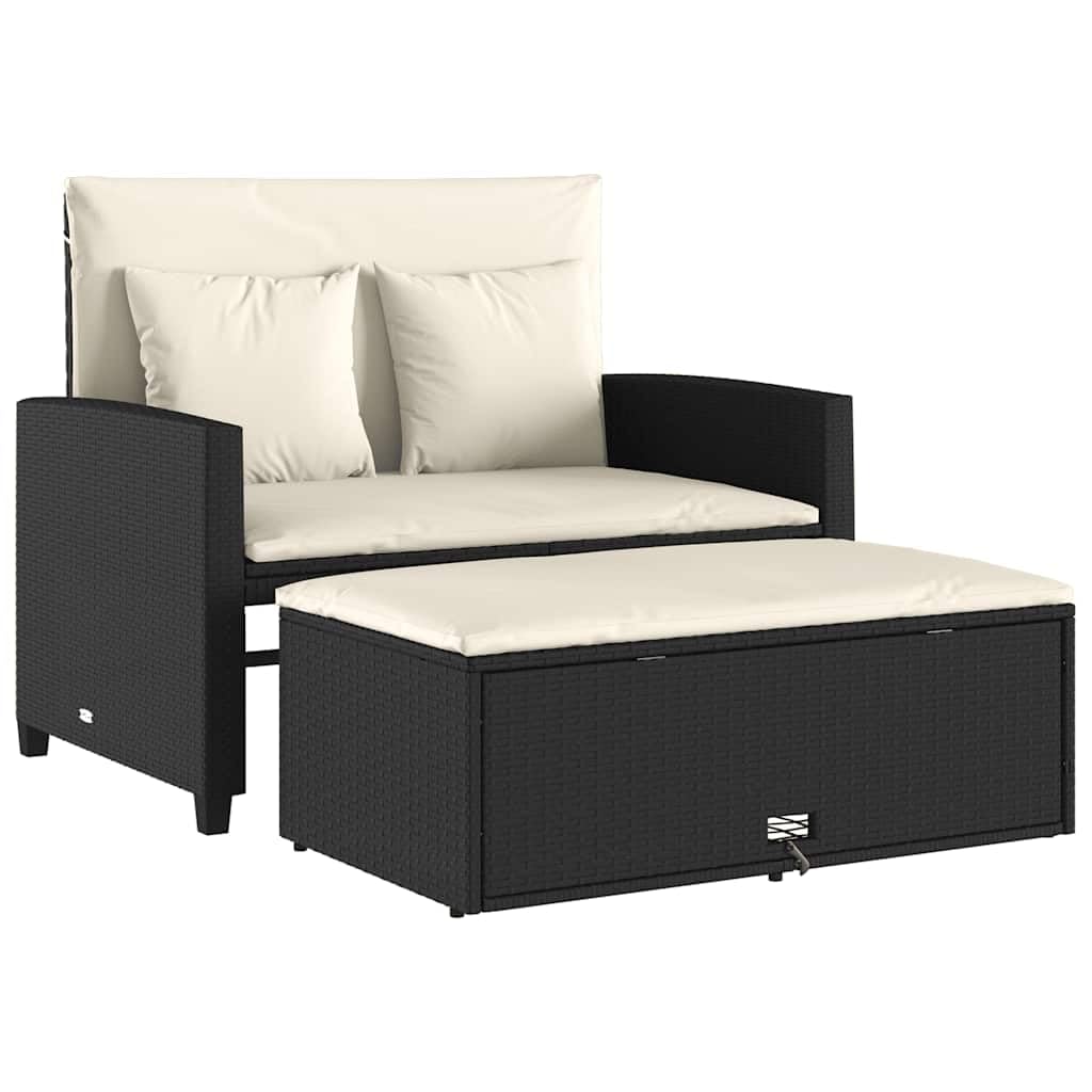 Divano Giardino 2 Posti Nero Polyrattan con Cuscini | Divano letto reclinabile, poggiapiedi con contenitore, rivestimento sfoderabile lavabile, 110 kg per seduta
