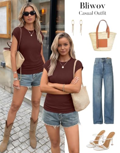 Image of Bliwov Womens Summer Tops Cap Sleeve Crew Neck Casual T Shirts