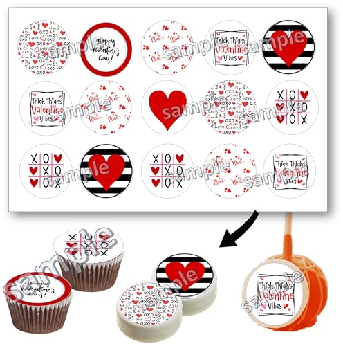 Edible Valentine images for Oreo cookies mold, cupcake topper printed on edible paper sugar icing sheet, for cookie decorating, 15 circles 2" each PRE CUT Red Hearts