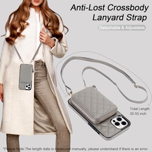 Bocasal Crossbody Wallet Case for iPhone 12 Pro Max, RFID Blocking PU Leather Zipper Handbag Purse Flip Cover, Kickstand Folio Case with Card Slots Holder Wrist Strap Lanyard 5G 6.7 Inch (Grey)