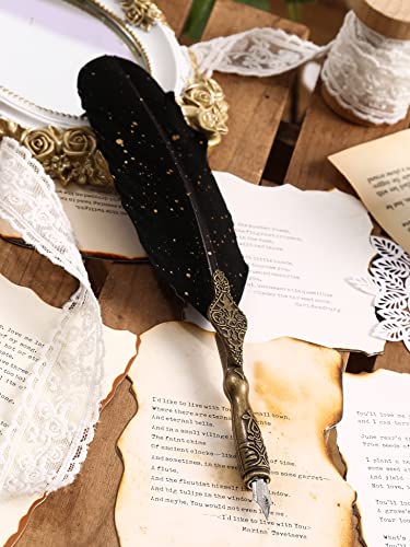Vangoal Retro Carving Feather Pen Set, Glittering Quill Pen Set Antique Calligraphy Writing Dip Pen With Ink, 2 Replacement Nibs, Pen Stand Base, Luxury Vintage Signature Pen (Black) #TOP3