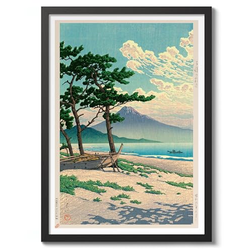 Pine Beach At Miho Japanese Woodblock Print, Vintage Poster Japan Aesthetic, Wall Art Exhibition Painting Ukiyo-E Artwork Bedroom Home Decor, A3 (Black Frame) - 45x32.8cm