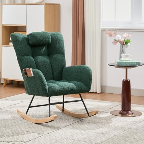Rocking Chair Nursery Teddy, Upholstered Baby Fluffy Glider Rocker for Adults Small Spaces Indoor,Nursing Chairs for Living Room, Bedroom, Classroom（DarkGreen）