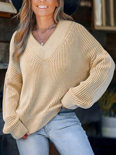 Image of CUPSHE Womens Sweaters Oversized Sweater Loose Fit Long Sleeve Sweater V Neck Striped Pullover Sweater Tops