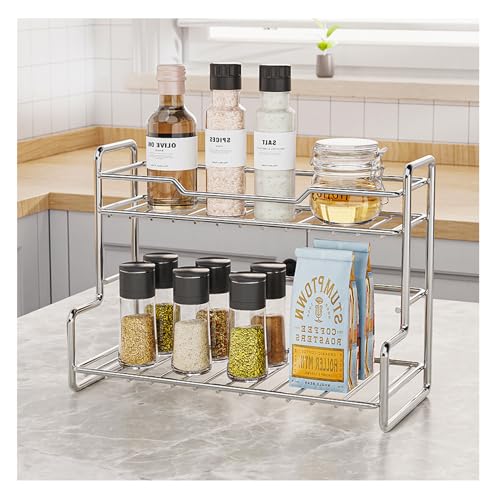 ELECTRO-WEIDEWORLD 調味料ラック ステンレス製 2段式 スパイスラック キッチンラック コンパクト 一人暮らし キッチン 収納 台所収納ラック 調味料棚 (銀色M(W27.5×D13×H20cm))