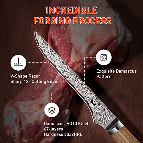 Fujuni Boning Knife 5.5 Inch Damascus Vg-10 Super Steel  67-Layer Damascus With Hexagon Natural Wood Handle, Deboning Knife - Stiff Blade #TOP1