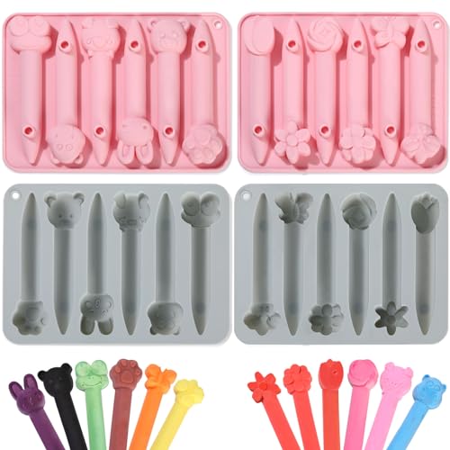 Nuogo 4 Pack Crayon Mold Crayon Recycling Molds Assorted 3D Silicone Oven Safe Candy Chocolate Making Mould for Kids Wax Animal Flower Pen DIY Pink Gray