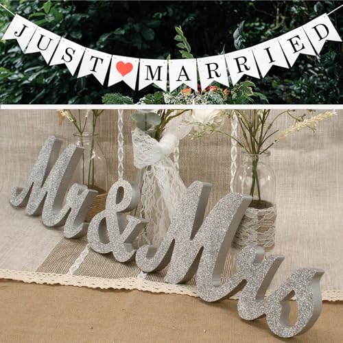 Letras de madera para mesa de boda, pancarta de recién casados y decoración de boda de Mr. and Ms. Letrero de madera de señor y señorita, regalo de boda Mr and Ms (plateado)