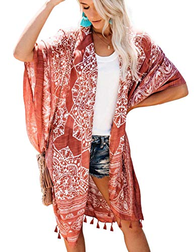 Bsubseach Women's Beach Cover Up for Swimwear Print Loose Open Front Fashion Tassel Boho Kimono Cardigan Brown