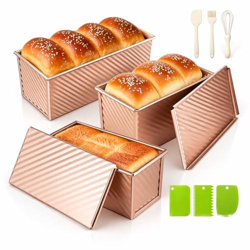 YIWSKJ 3-Pack Bread Pan with Lids 2.2LB & 1LB & 1LB Dough Capacity Non-Stick Carbon Steel Pullman Loaf Pan for Baking Professional Toast Box Mold with Baking Tools - Gold