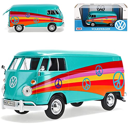 Motormax Volkwagen T1 Transporter Grün Peace Samba Bully Bus 1950-1967 1/24 Modell Auto mit individiuellem Wunschkennzeichen