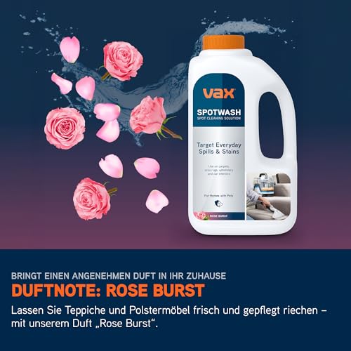Vax SpotWash Reinigungslösung für Polster-und Teppichreinigung, Teppich-und Polstershampoo, Tierfreundlicher Fleckenentferner mit geruchsneutralisierender Formel für Sofas, Teppiche – Rose Burst, 1L