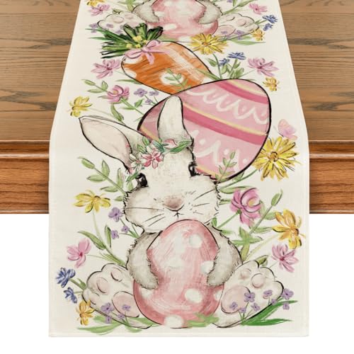 Artoid Mode Flowers Leaves Easter Eggs Rabbit Easter Table Runner, Seasonal Spring Kitchen Dining Table Decoration for Home Party Decor 40x140 cm